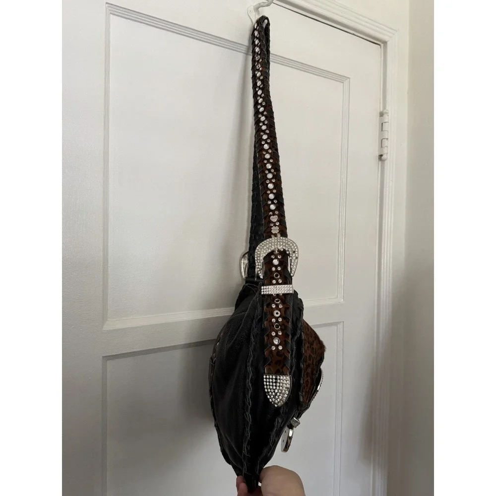 Charm And Luck Bag Y2K Leather Ponyhair Rhinestones Buckles Stud‎ Gold VTG
